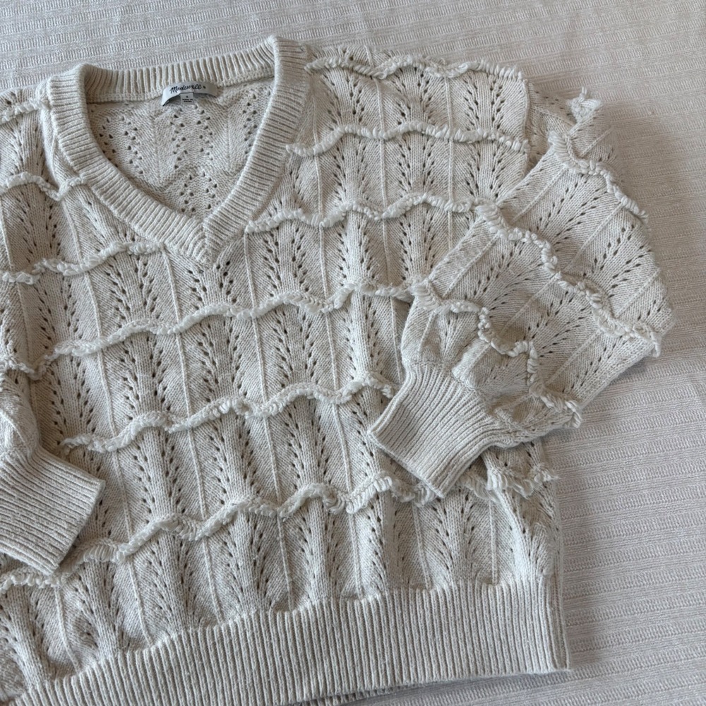 Madewell Pointelle Wave Fringe V-Neck Sweater Ivory Cream Small L0024 SP19